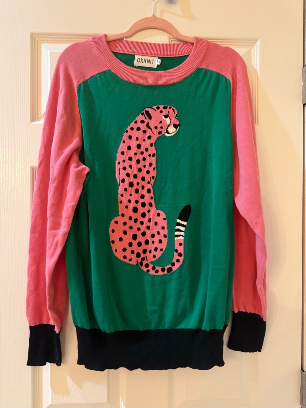 OXKNIT 100% Cotton Green Crewneck Sweater with Pink Leopard Motif